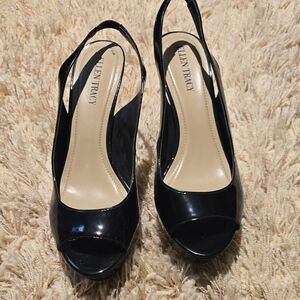Ellen Tracy Glossy Black Slingback Heels